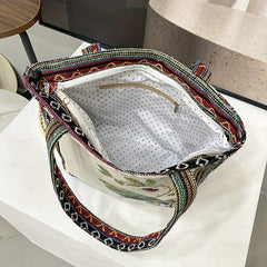 Ethnic Style Embroidered Tote Bag Vintage Elephant Graphic Shoulder Bag