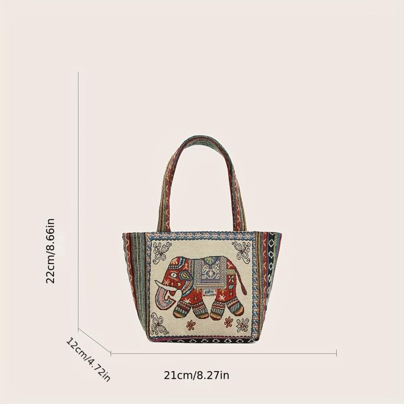 Ethnic Style Embroidered Tote Bag Vintage Elephant Graphic Shoulder Bag