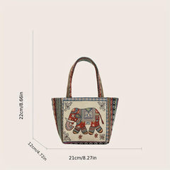 Ethnic Style Embroidered Tote Bag Vintage Elephant Graphic Shoulder Bag