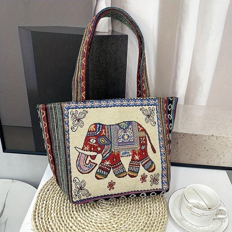 Ethnic Style Embroidered Tote Bag Vintage Elephant Graphic Shoulder Bag