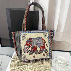 Ethnic Style Embroidered Tote Bag Vintage Elephant Graphic Shoulder Bag