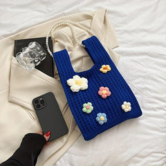 Crochet Flower Decor Handbag Knitted Tote Bag with Pearl Chain Shoulder