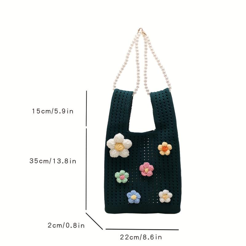 Crochet Flower Decor Handbag Knitted Tote Bag with Pearl Chain Shoulder