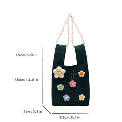 Crochet Flower Decor Handbag Knitted Tote Bag with Pearl Chain Shoulder
