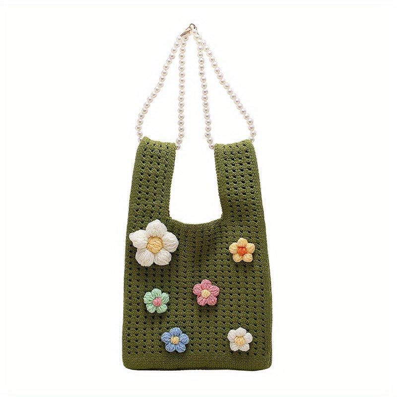 Crochet Flower Decor Handbag Knitted Tote Bag with Pearl Chain Shoulder
