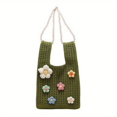 Crochet Flower Decor Handbag Knitted Tote Bag with Pearl Chain Shoulder