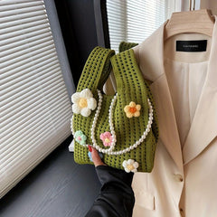 Crochet Flower Decor Handbag Knitted Tote Bag with Pearl Chain Shoulder