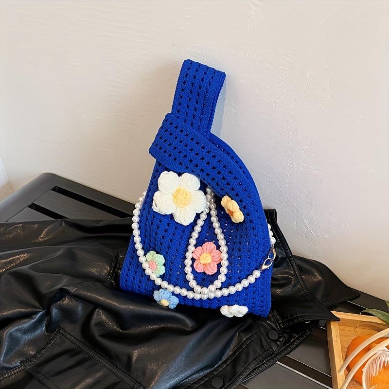 Crochet Flower Decor Handbag Knitted Tote Bag with Pearl Chain Shoulder