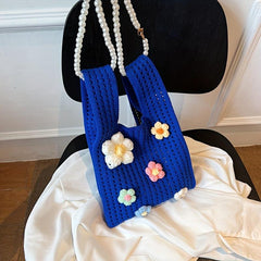Crochet Flower Decor Handbag Knitted Tote Bag with Pearl Chain Shoulder