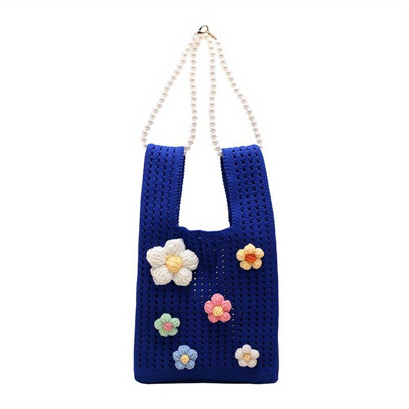 Crochet Flower Decor Handbag Knitted Tote Bag with Pearl Chain Shoulder
