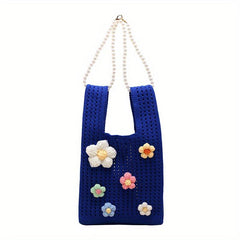 Crochet Flower Decor Handbag Knitted Tote Bag with Pearl Chain Shoulder