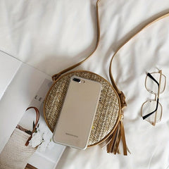 Straw Weaving Mini Bag Crossbody Beach Bag Tassel Decor Shoulder Bag