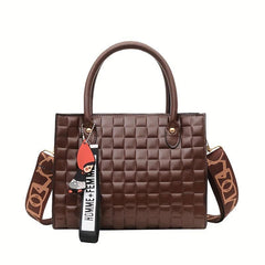 Plaid Top Handle Satchel Crossbody Bag PU Leather Handbag