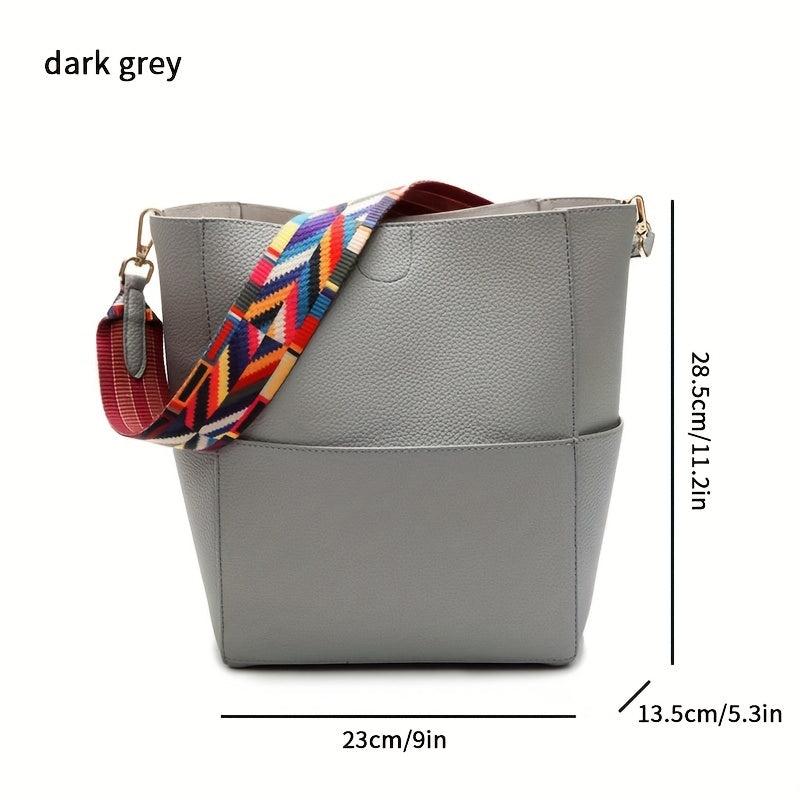 Colorful Strap Bucket Bag Solid Crossbody Bag with Pouch