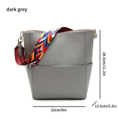 Colorful Strap Bucket Bag Solid Crossbody Bag with Pouch