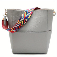 Colorful Strap Bucket Bag Solid Crossbody Bag with Pouch