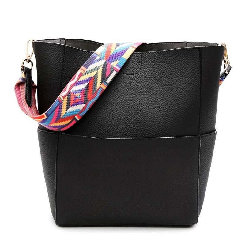 Colorful Strap Bucket Bag Solid Crossbody Bag with Pouch