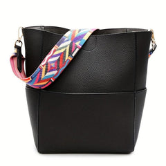 Colorful Strap Bucket Bag Solid Crossbody Bag with Pouch
