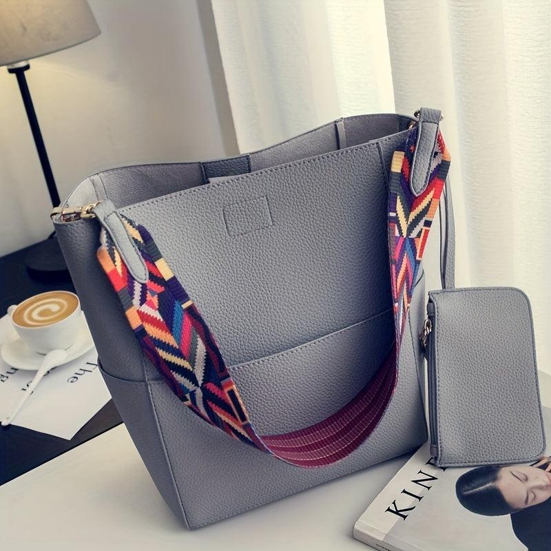 Colorful Strap Bucket Bag Solid Crossbody Bag with Pouch