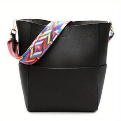 Colorful Strap Bucket Bag Solid Crossbody Bag with Pouch