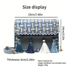 Plaid Pattern Shoulder Bag Tassel Flap Square Bag Tribal Style Crossbody Bag