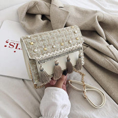 Plaid Pattern Shoulder Bag Tassel Flap Square Bag Tribal Style Crossbody Bag