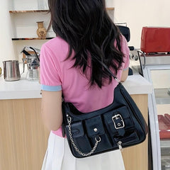Niche Shoulder Bag Solid Hobo Bag with Chain Decor
