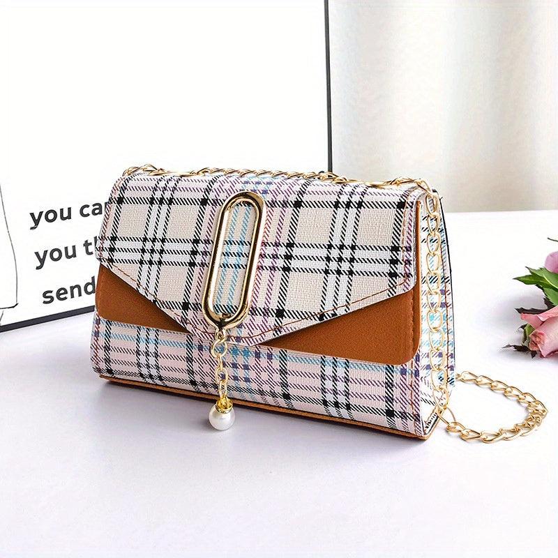Plaid Pattern Crossbody Bag Tassel Decor Square Purse