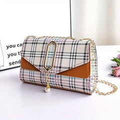 Plaid Pattern Crossbody Bag Tassel Decor Square Purse