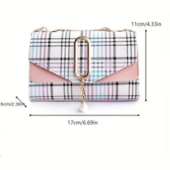 Plaid Pattern Crossbody Bag Tassel Decor Square Purse