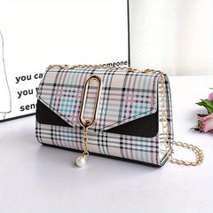 Plaid Pattern Crossbody Bag Tassel Decor Square Purse