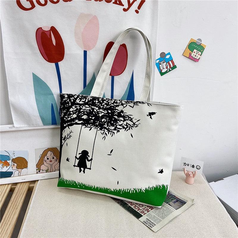 Cartoon Printed Canvas Bag Large Capacity Shoulder Bag Casual Zipper