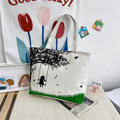 Cartoon Printed Canvas Bag Large Capacity Shoulder Bag Casual Zipper