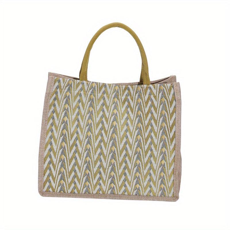 Large Capacity Linen Tote Bag Chevron Pattern Satchel Bag Women's Casual Handbag