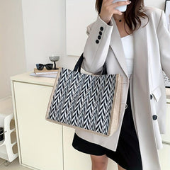 Large Capacity Linen Tote Bag Chevron Pattern Satchel Bag Women's Casual Handbag