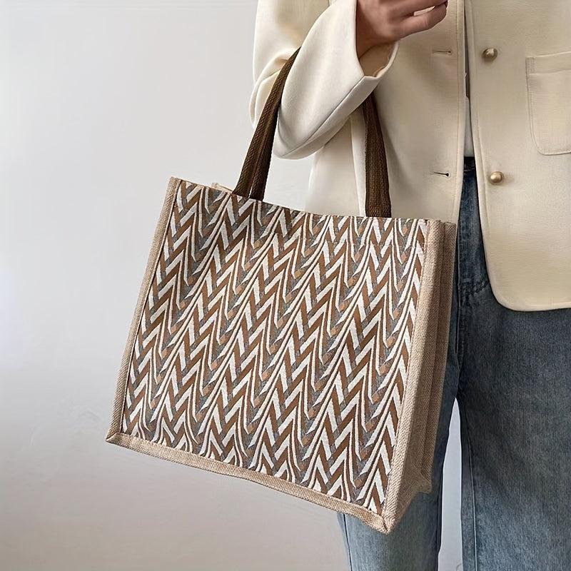 Large Capacity Linen Tote Bag Chevron Pattern Satchel Bag Women's Casual Handbag
