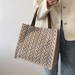 Large Capacity Linen Tote Bag Chevron Pattern Satchel Bag Women's Casual Handbag