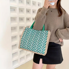 Large Capacity Linen Tote Bag Chevron Pattern Satchel Bag Women's Casual Handbag