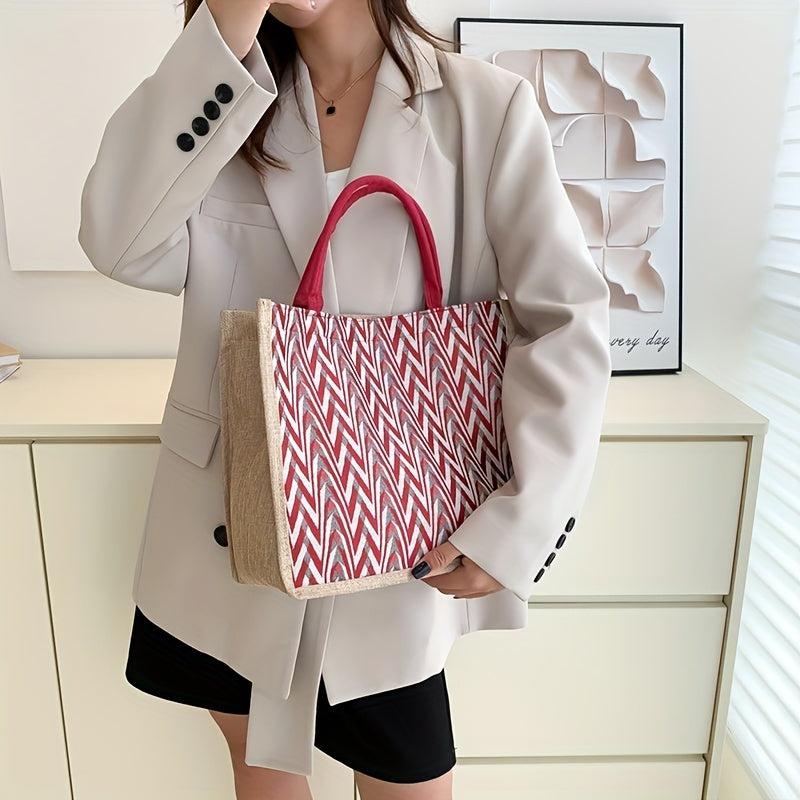 Large Capacity Linen Tote Bag Chevron Pattern Satchel Bag Women's Casual Handbag