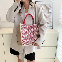 Large Capacity Linen Tote Bag Chevron Pattern Satchel Bag Women's Casual Handbag