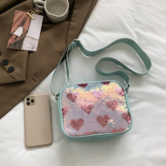 Sequins Heart Pattern Small Shoulder Bag PU Leather Crossbody Purse Work
