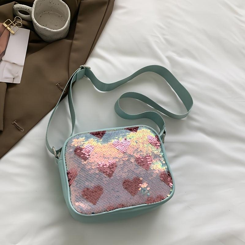 Sequins Heart Pattern Small Shoulder Bag PU Leather Crossbody Purse Work