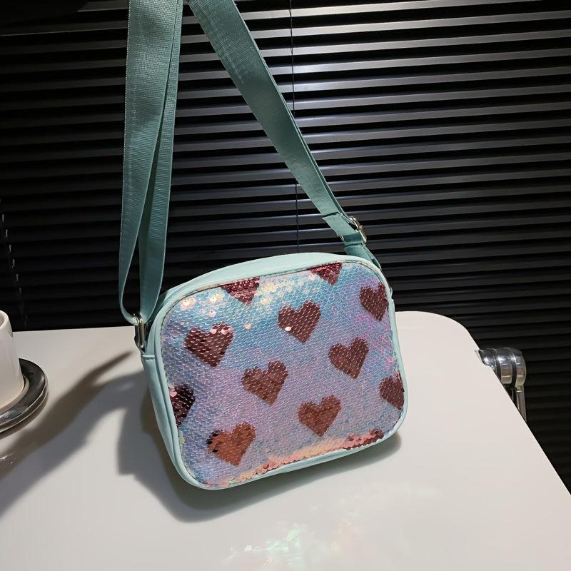 Sequins Heart Pattern Small Shoulder Bag PU Leather Crossbody Purse Work