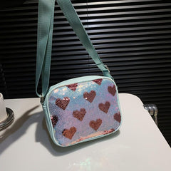 Sequins Heart Pattern Small Shoulder Bag PU Leather Crossbody Purse Work