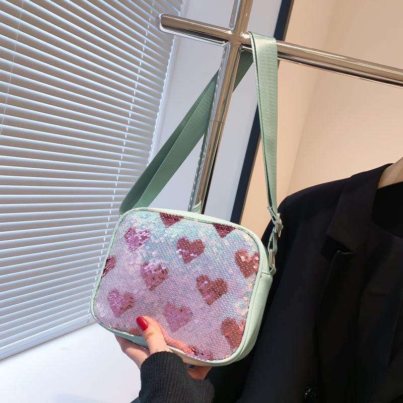 Sequins Heart Pattern Small Shoulder Bag PU Leather Crossbody Purse Work