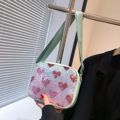 Sequins Heart Pattern Small Shoulder Bag PU Leather Crossbody Purse Work