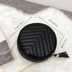 Chevron Quilted Round Bag Chain Crossbody Tassel Decor Purse 6 6 6 6 2 3 Inch