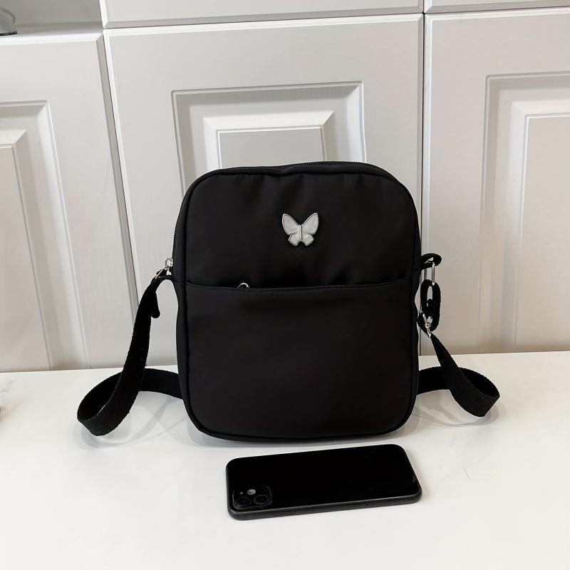 Nylon Crossbody Bag with Butterfly Decor, Square Purse