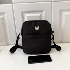 Nylon Crossbody Bag with Butterfly Decor, Square Purse