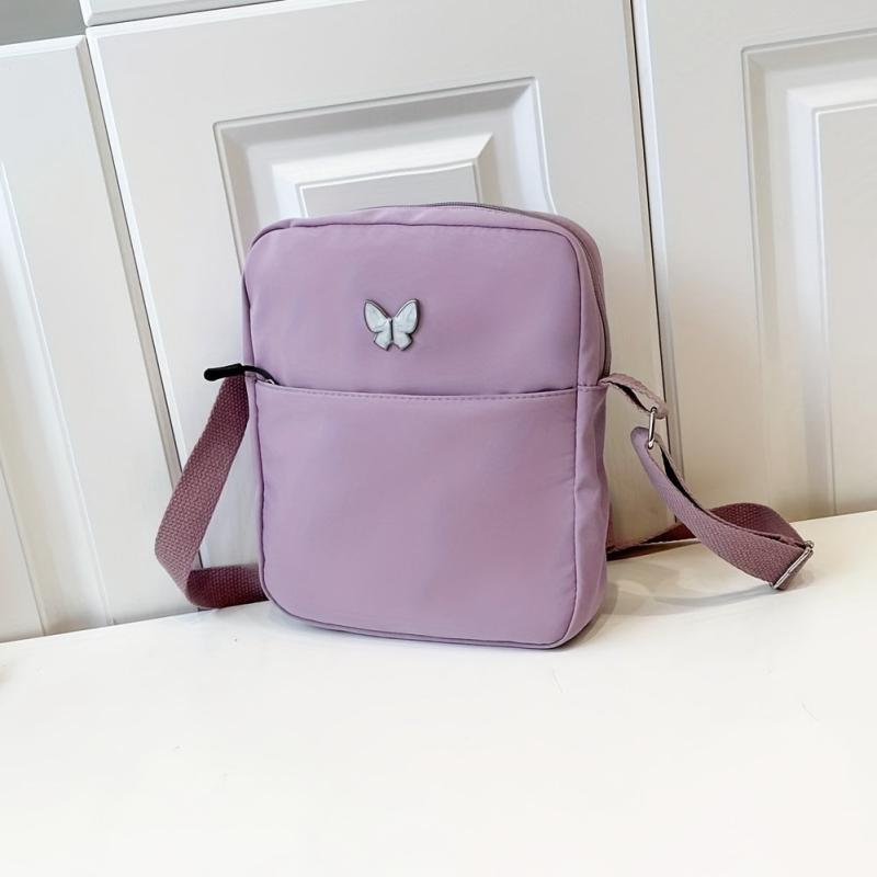 Nylon Crossbody Bag with Butterfly Decor, Square Purse